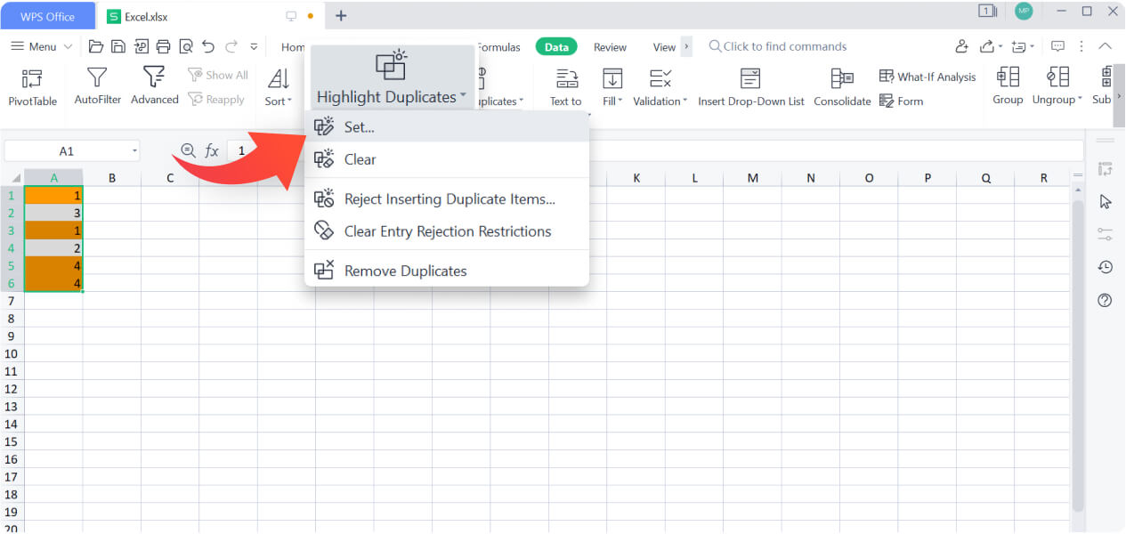 Mettre en évidence les doublons dans Excel à l'aide de WPS Spreadsheet