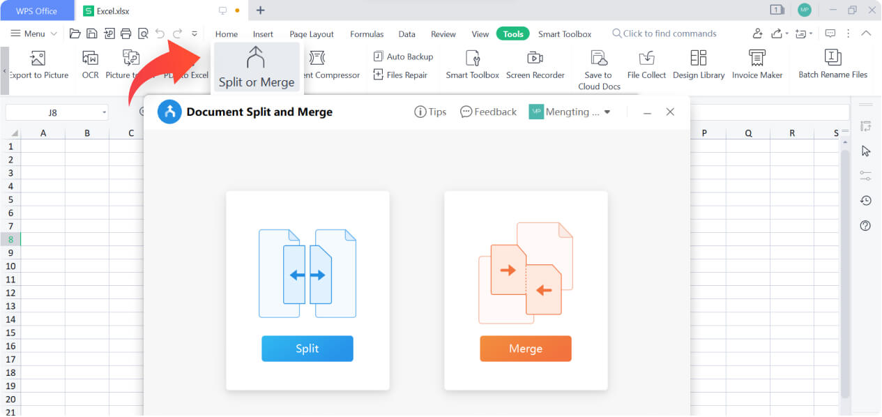 Fractionner et fusionner des fichiers Excel à l'aide de WPS Spreadsheet